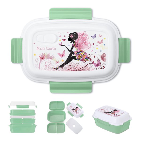 Lunch box - bento - boite à repas personnalisable pour enfants motif fée avec papillons couleur vert
