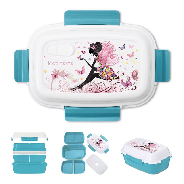Lunch box - bento - boite à repas personnalisable pour enfants motif fée avec papillons couleur bleu clair