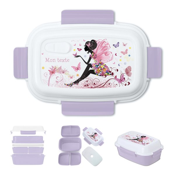 Lunch box - bento - boite à repas personnalisable pour enfants motif fée avec papillons couleur parme