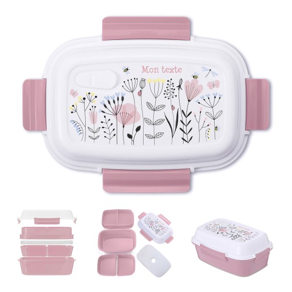 Lunch box - bento - boite à repas personnalisable pour enfants motif fleurs couleur vieux rose