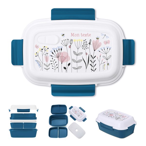 Lunch box - bento - boite à repas personnalisable pour enfants motif fleurs couleur bleu pétrole