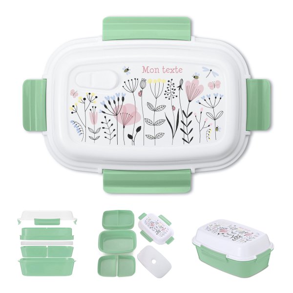 Lunch box - bento - boite à repas personnalisable pour enfants motif fleurs couleur vert