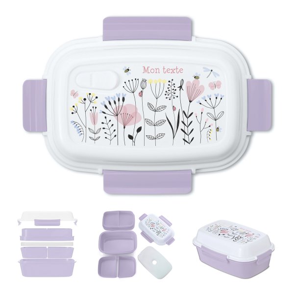 Lunch box - bento - boite à repas personnalisable pour enfants motif fleurs couleur parme