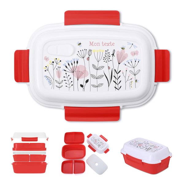 Lunch box - bento - boite à repas personnalisable pour enfants motif fleurs couleur rouge