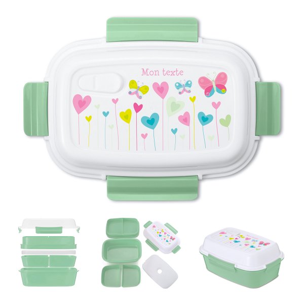 Lunch box - bento - boite à repas personnalisable pour enfants motif fleurs coeurs papillons couleur vert