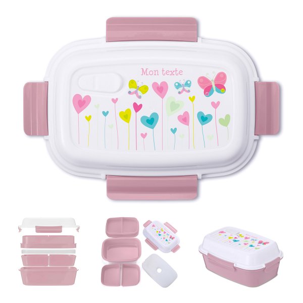 Lunch box - bento - boite à repas personnalisable pour enfants motif fleurs coeurs papillons couleur vieux rose