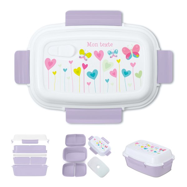 Lunch box - bento - boite à repas personnalisable pour enfants motif fleurs coeurs papillons couleur parme