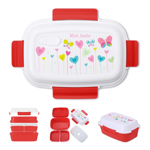 Lunch box - bento - boite à repas personnalisable pour enfants motif fleurs coeurs papillons couleur rouge