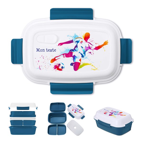 Lunch box - bento - boite à repas personnalisable pour enfants motif football couleur bleu pétrole