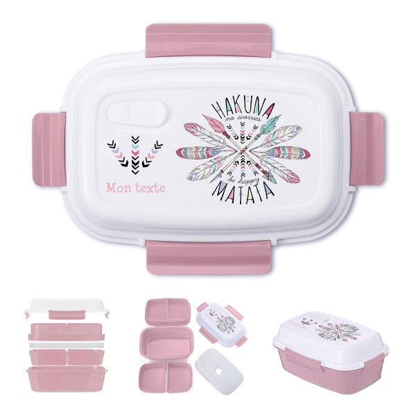 Lunch box - bento - boite à repas personnalisable pour enfants motif Hakuna matata couleur vieux rose