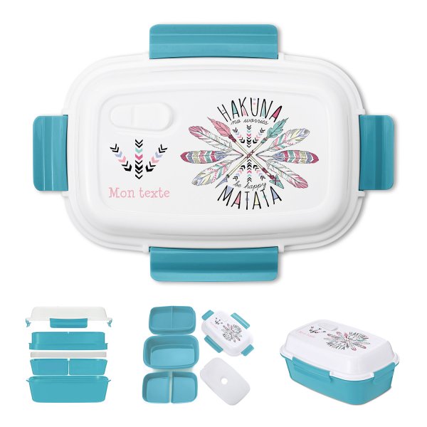 Lunch box - bento - boite à repas personnalisable pour enfants motif Hakuna matata couleur bleue