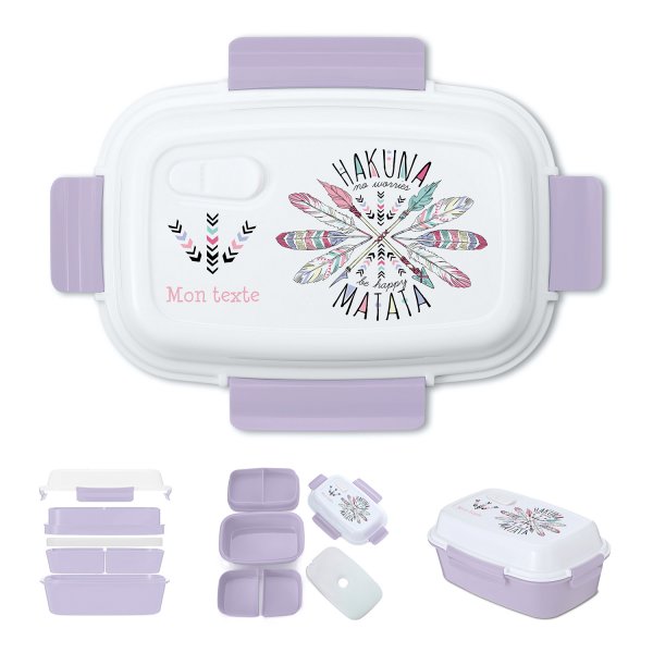 Lunch box - bento - boite à repas personnalisable pour enfants motif Hakuna matata couleur parme