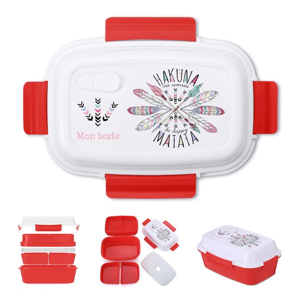 Lunch box - bento - boite à repas personnalisable pour enfants motif Hakuna matata couleur rouge