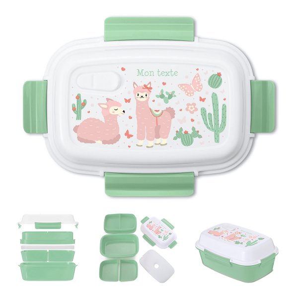 Lunch box - bento - boite à repas personnalisable pour enfants motif lamas couleur vert