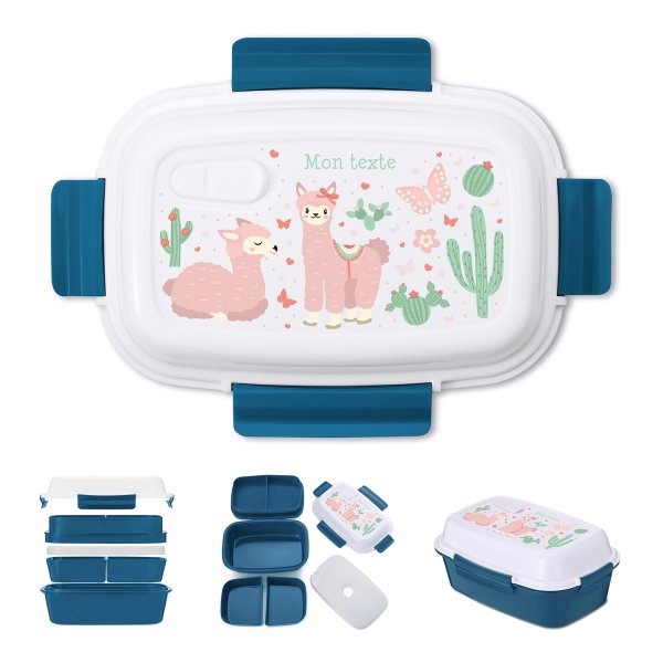 Lunch box - bento - boite à repas personnalisable pour enfants motif lamas couleur bleu pétrole