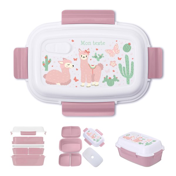 Lunch box - bento - boite à repas personnalisable pour enfants motif lamas couleur vieux rose