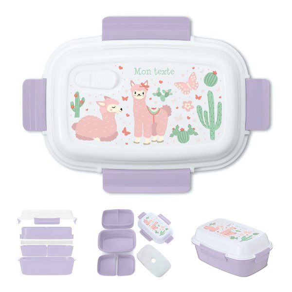 Lunch box - bento - boite à repas personnalisable pour enfants motif lamas couleur parme