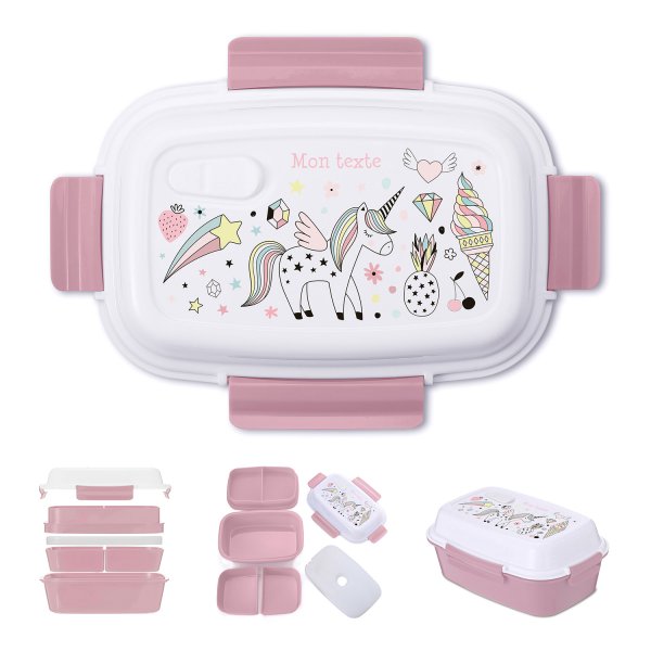 Lunch box - bento - boite à repas personnalisable pour enfants motif licorne couleur vieux rose