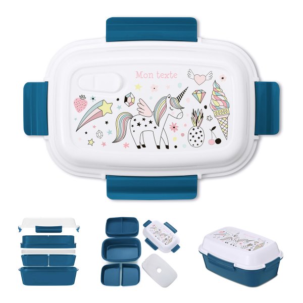 Lunch box - bento - boite à repas personnalisable pour enfants motif licorne couleur bleu pétrole
