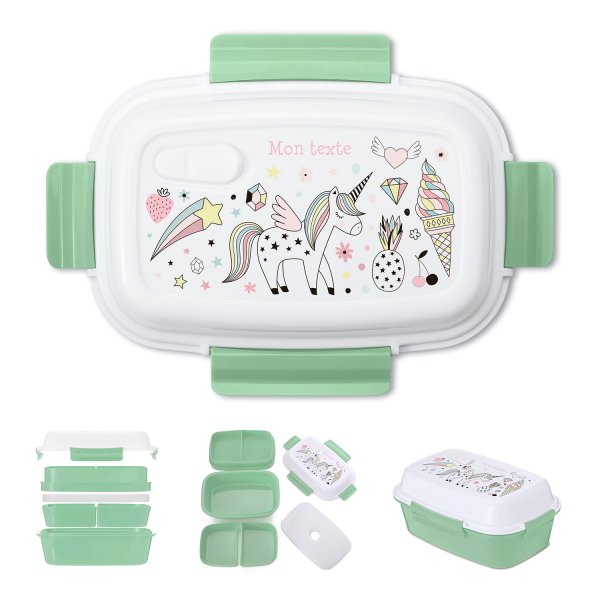 Lunch box - bento - boite à repas personnalisable pour enfants motif licorne couleur vert