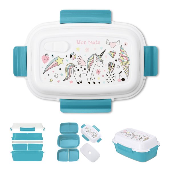 Lunch box - bento - boite à repas personnalisable pour enfants motif licorne couleur bleu