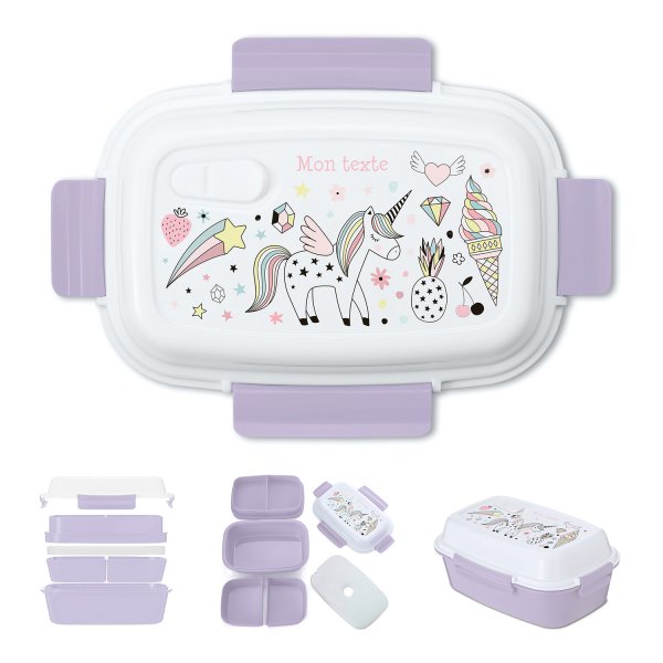 Lunch box - bento - boite à repas personnalisable pour enfants motif licorne couleur parme
