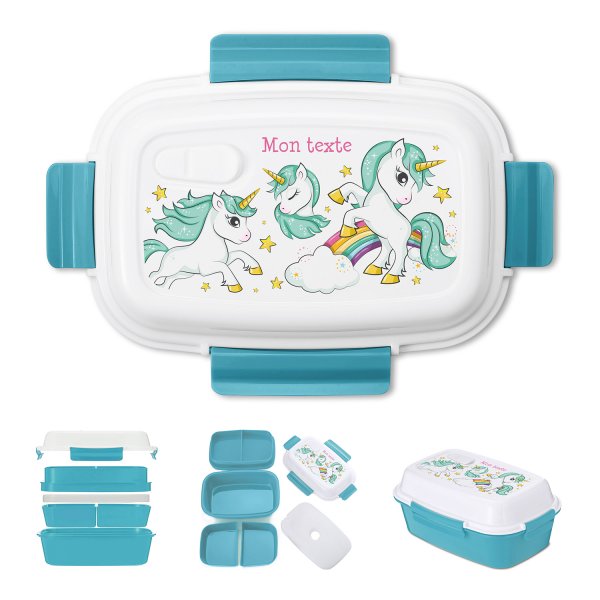 Lunch box - bento - boite à repas personnalisable pour enfants motif licornes arc-en-ciel couleur bleu