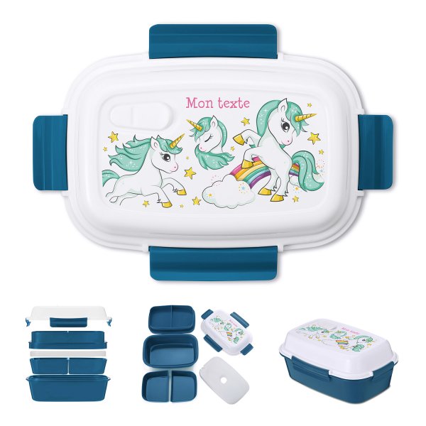 Lunch box - bento - boite à repas personnalisable pour enfants motif licornes arc-en-ciel couleur bleu pétrole