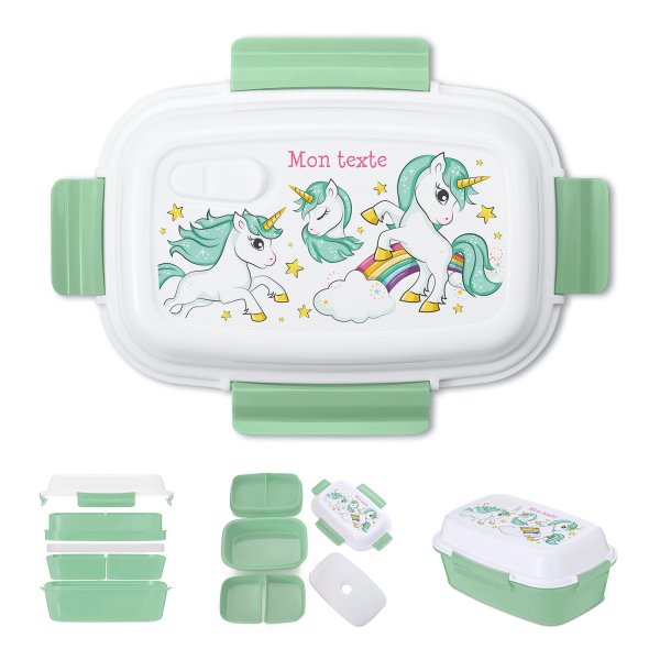 Lunch box - bento - boite à repas personnalisable pour enfants motif licornes arc-en-ciel couleur vert