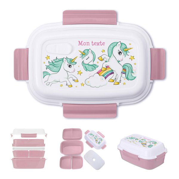 Lunch box - bento - boite à repas personnalisable pour enfants motif licornes arc-en-ciel couleur vieux rose
