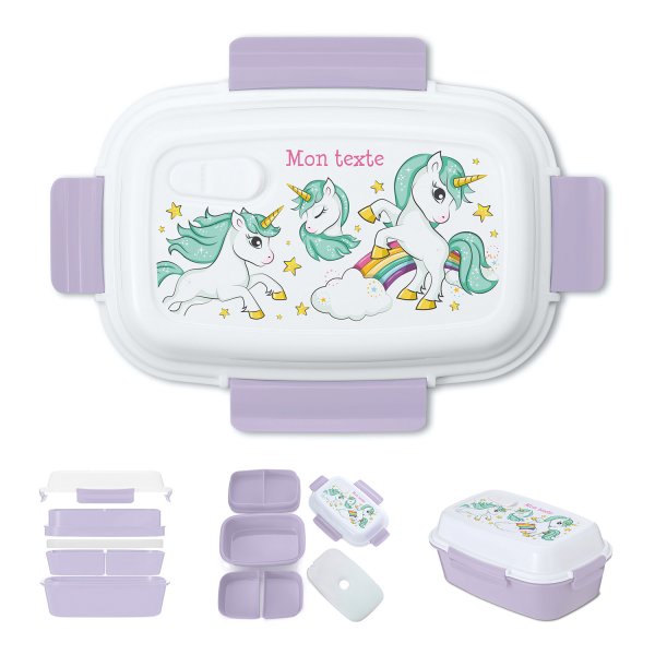 Lunch box - bento - boite à repas personnalisable pour enfants motif licornes arc-en-ciel couleur parme