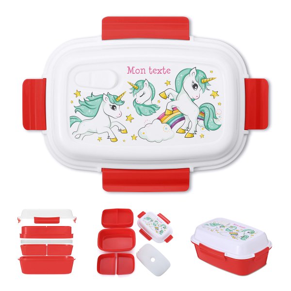 Lunch box - bento - boite à repas personnalisable pour enfants motif licornes arc-en-ciel couleur rouge