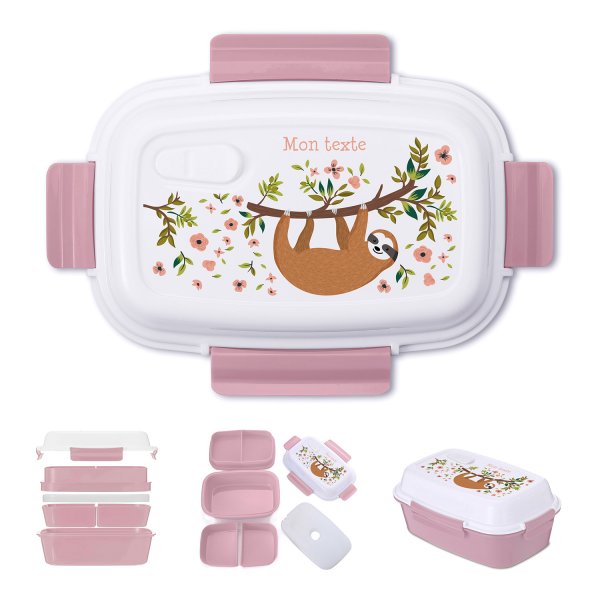 Lunch box - bento - boite à repas personnalisable pour enfants motif paresseux couleur vieux rose