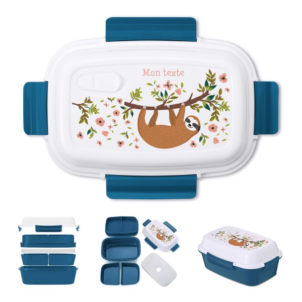 Lunch box - bento - boite à repas personnalisable pour enfants motif paresseux couleur bleu pétrole