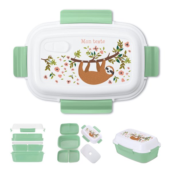 Lunch box - bento - boite à repas personnalisable pour enfants motif paresseux couleur vert