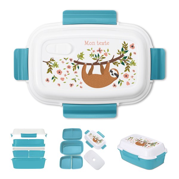 Lunch box - bento - boite à repas personnalisable pour enfants motif paresseux couleur bleu