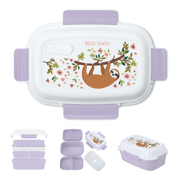 Lunch box - bento - boite à repas personnalisable pour enfants motif paresseux couleur parme