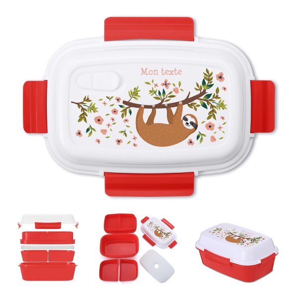Lunch box - bento - boite à repas personnalisable pour enfants motif paresseux couleur rouge