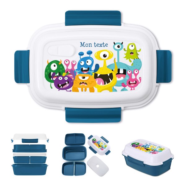 Lunch box - bento - boite à repas personnalisable pour enfants motif petits monstres couleur bleu pétrole