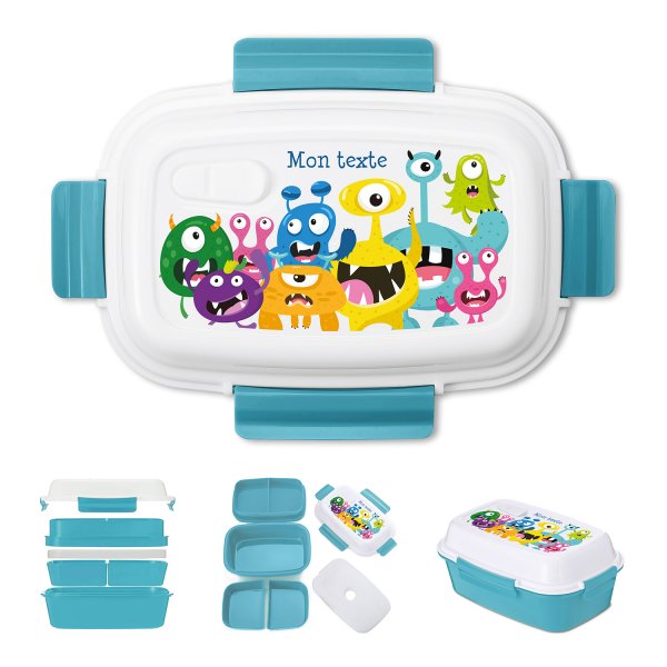 Lunch box - bento - boite à repas personnalisable pour enfants motif petits monstres couleur bleu