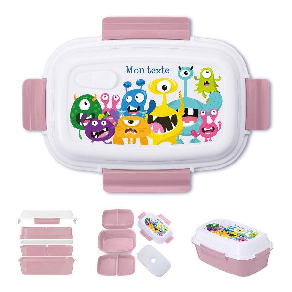 Lunch box - bento - boite à repas personnalisable pour enfants motif petits monstres couleur vieux rose