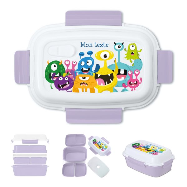 Lunch box - bento - boite à repas personnalisable pour enfants motif petits monstres couleur parme