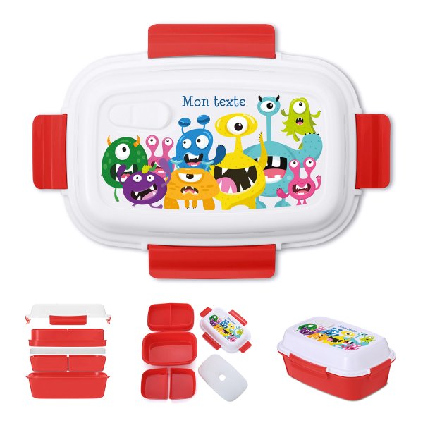 Lunch box - bento - boite à repas personnalisable pour enfants motif petits monstres couleur rouge