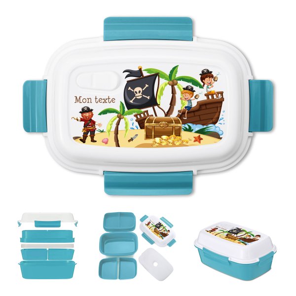 Lunch box - bento - boite à repas personnalisable pour enfants motif pirates couleur bleu