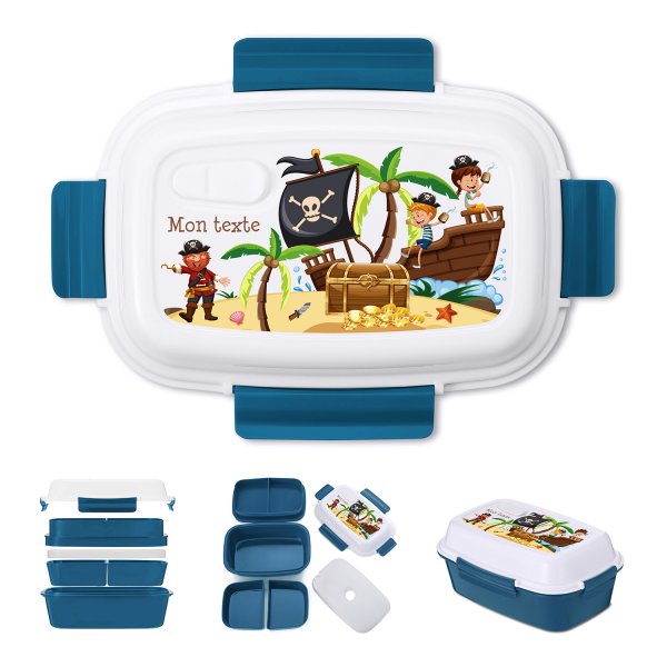 Lunch box - bento - boite à repas personnalisable pour enfants motif pirates couleur bleu pétrole