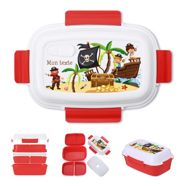 Lunch box - bento - boite à repas personnalisable pour enfants motif pirates couleur rouge