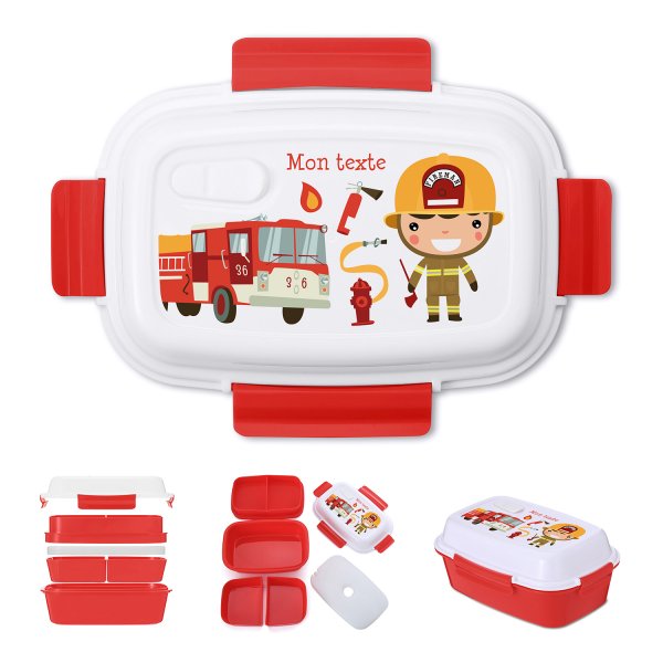 Lunch box - bento - boite à repas personnalisable pour enfants motif pompiers couleur rouge