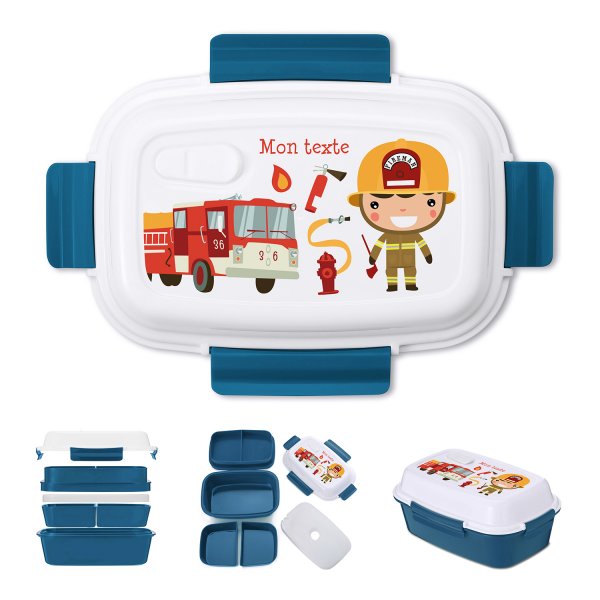 Lunch box - bento - boite à repas personnalisable pour enfants motif pompiers couleur bleu pétrole