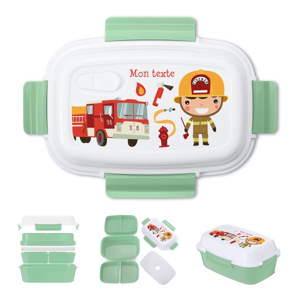 Lunch box - bento - boite à repas personnalisable pour enfants motif pompiers couleur vert