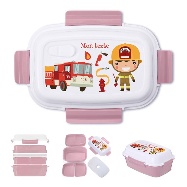 Lunch box - bento - boite à repas personnalisable pour enfants motif pompiers couleur vieux rose